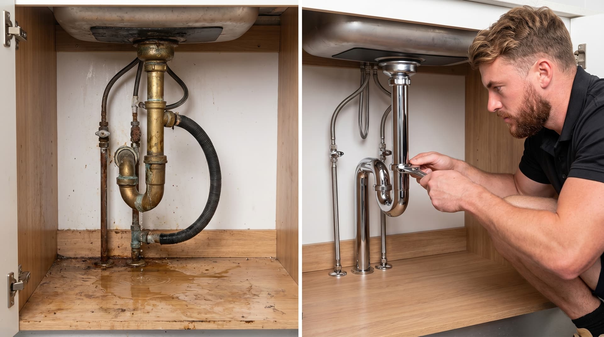 Before and after — an old corroded under-sink setup re-done with new chrome pipework by an LJ plumber