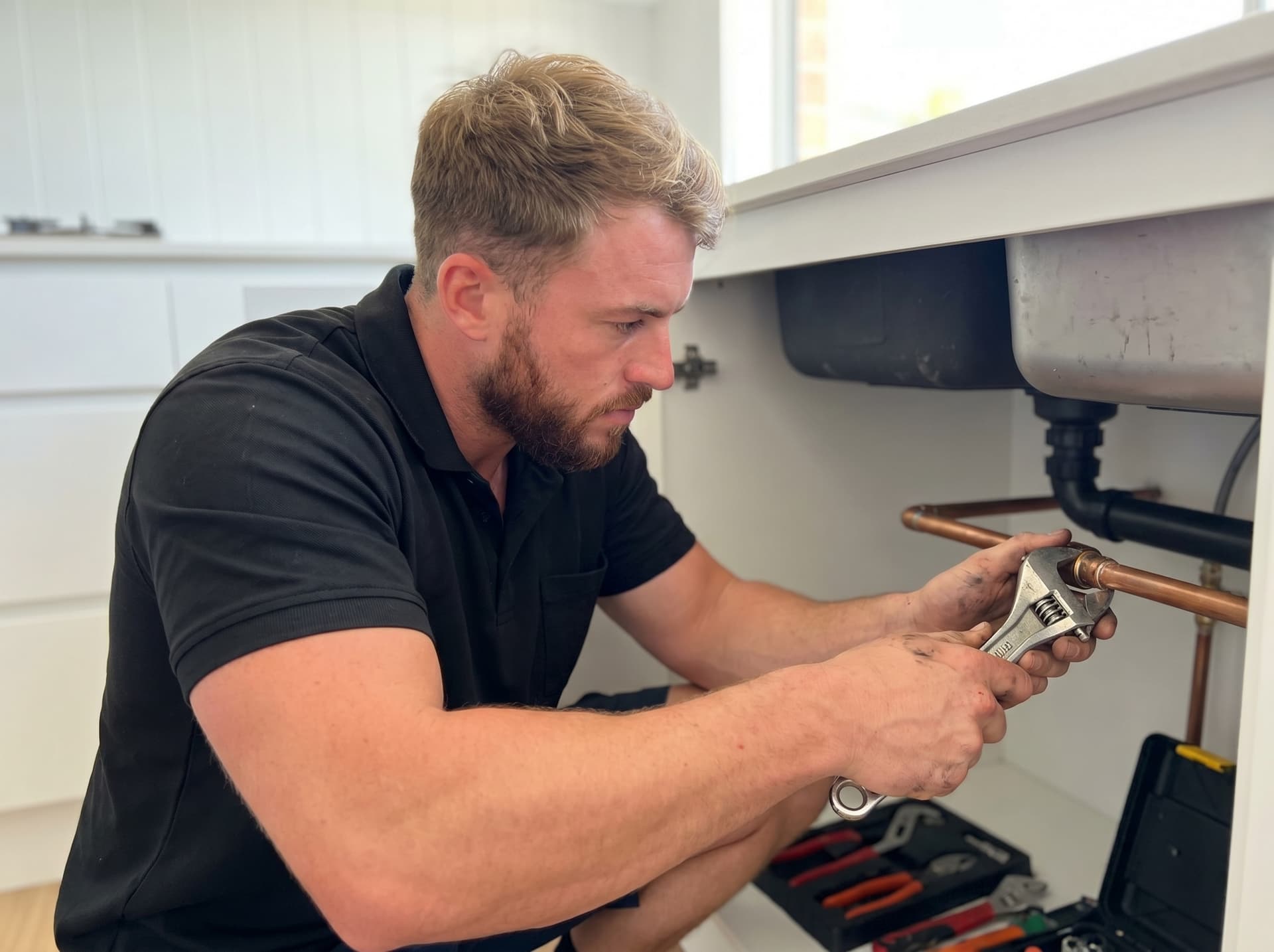 An LJ plumber on the tools — copper pipework under a sink